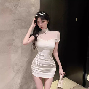 Petite Women's Fitted Mesh Panel High Neck Short Sleeve Dress Solid Color Party Casual Dress Tight Waist White Black - Product Image 3