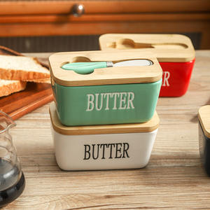 Boîte à beurre en céramique multicolore avec couvercle en bois et couteau, capacité de 500 ml, stockage réfrigéré du fromage pour la cuisine - Product Image 5