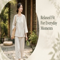 Ensemble pyjama 2 pièces pour femmes HDS404 en coton et lin, peint à la main, style chinois, manches longues, pantalon long, vêtements de détente