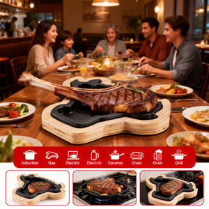 Plato para carne de hierro fundido apto para horno, 30.5*22.5*3cm, con forma de <span class=keywords><strong>toro</strong></span>, sartén para fajitas con base de madera - Product Image 3