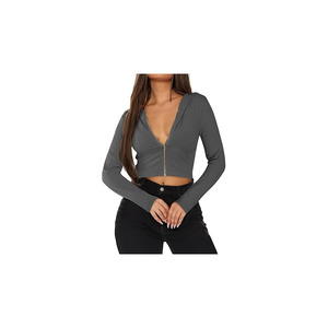 Wholesale Women 2026 <b>Cropped</b> <b>Zip</b> <b>Up</b> <b>Hoodie</b> Streetwear Breathable Sun Protection Knitted Long Sleeve Sweatshirt Custom Color OEM - Product Image 2