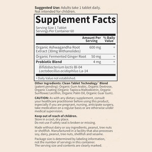 Yetişkinler İçin Organik Fermente Zencefil ve Aşvagandha Kök Ekstresi İçeren Bitkisel Probiyotik Tabletler, Sindirim, Ruh Hali ve Enerji İçin Takviye Edici - Product Image 2