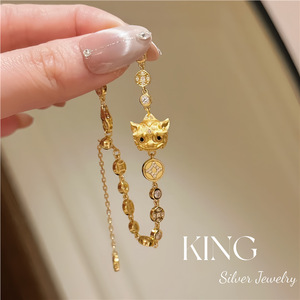 King Silver Jewelry Pixiu Charm Bracelet 925 Sterling Silver Gold Plated <b>Animal</b> Zodiac Brown Cord Everyday Wear Unisex - Product Image 4
