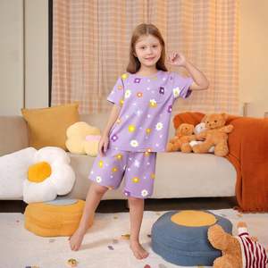 LQSZ Girls Breathable Printed Jersey Floral Pajamas Set Summer Toddler <strong>PJs</strong> Short Sleeves Pocket 95% Polyester 5-12 Years - Product Image 2