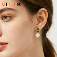 Boucles d'oreilles pendantes LUCKYJIU personnalisées, étanches, plaquées or 18 carats, double rondes, émeraudes vertes, zircon cubique, perles pour femmes