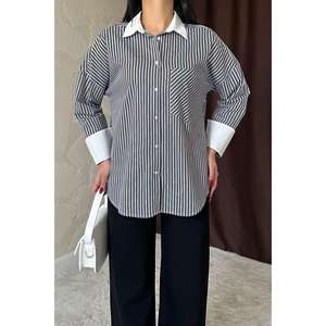 Chemise à manches longues en popeline rayée noire pour femme, chemisier classique de bureau à boutons, couleur contrastée - Product Image 2