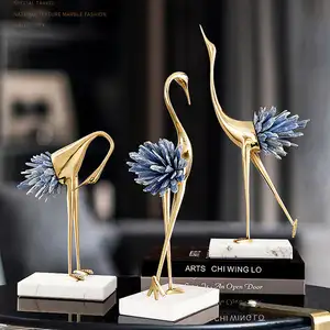 Creative Nordic Copper Crystal Lucky Golden Crane Ornament Art Marble Animal Sculpture Living Room Desktop Home Decoration