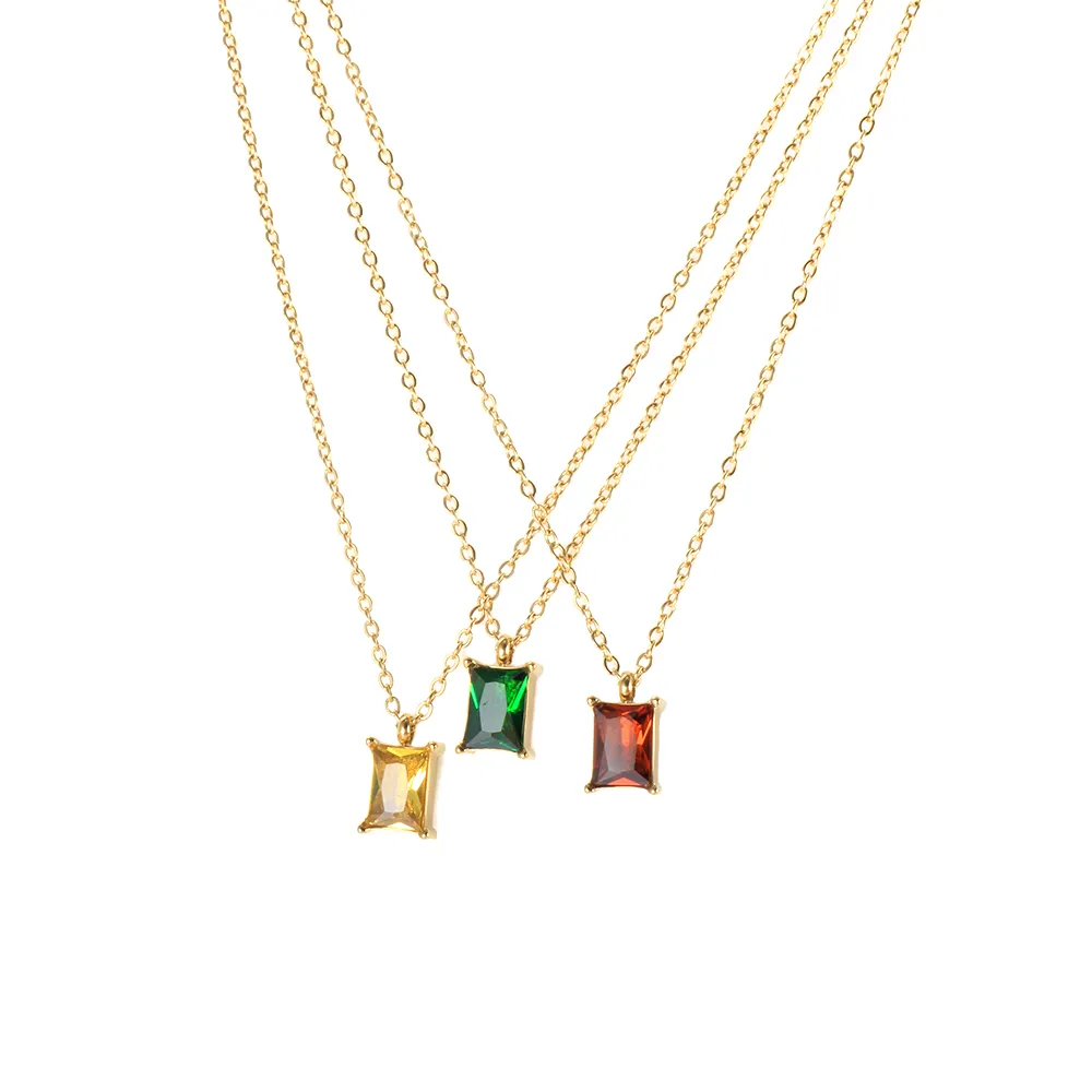 Minimalist Jewelry 18K Gold Plated Color Single Green Stone Necklace Stainless Steel Rectangle Diamond CZ Stone Necklace