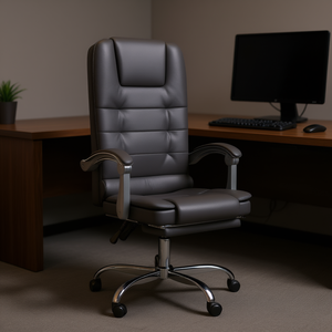 Chaise de bureau à dossier haut en cuir PU gris foncé, accoudoirs réglables, base pivotante chromée, design moderne - Product Image 2