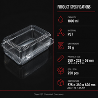 Op maat gemaakte transparante, voedselveilige PET wegwerp clamshell plastic fruitverpakking PET 1800ml opvouwbare doos
