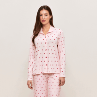 Conjunto de Pijamas de Algodón Modal para Mujer al por Mayor, Diseño Personalizado OEM con Estampado de Corazones de Cereza, Manga Larga, Botones, Ropa de Dormir de 2 Piezas