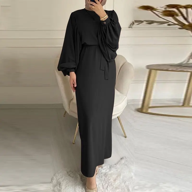 Nhà Máy Bán Buôn Thanh Lịch Màu Rắn Dubai Abaya Hồi Giáo Dresses Cho Phụ Nữ Giản Dị Đèn Lồng Tay Áo Áo Hồi Giáo Cầu Nguyện Ăn Mặc Abaya