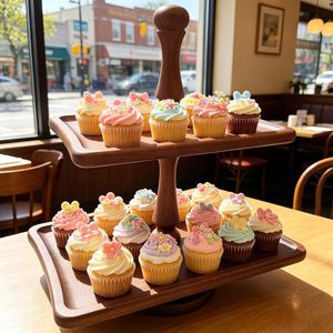 ชั้นวางเค้กไม้สองชั้นสำหรับวางขนมหวานบนโต๊ะในครัว - Product Image 1