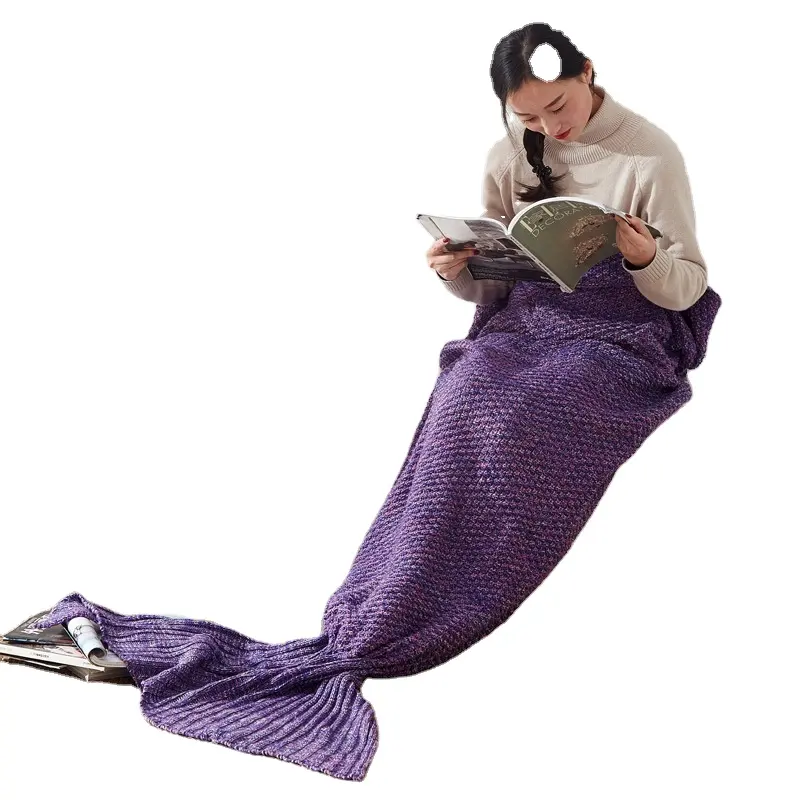 Bedding Outlet Handmade Yarn Knitted Scale Mermaid Tail Blanket for Adult Kids Throw Bed Wrap Super Soft Crochet Warm Blanket