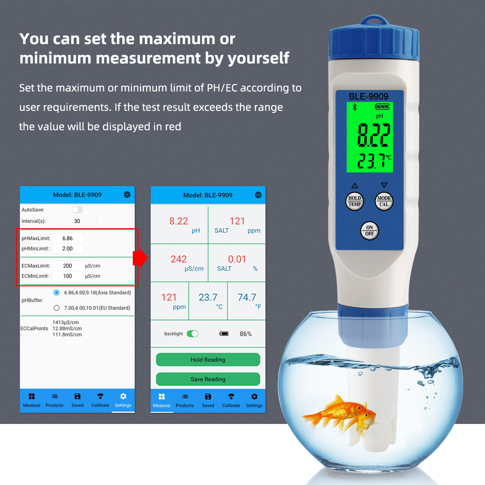 Smart Blue tooth pH Meter 5 in1PH/EC/TDS /Salinity/ TEMP Tester BLE-9909 Meter P