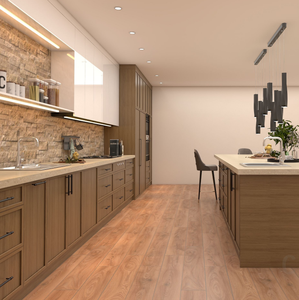 Meubles de cuisine contemporains avec îlot, armoires en bois mat et blanc brillant, plan de travail en quartz, meubles pour la maison - Product Image 2