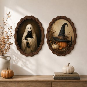 Farmhouse Halloween Oval Wall Art Ghost Black Cat <b>Witch</b> Hat Pumpkin Vintage Oil Painting Spooky Autumn Living Room Hanging <b>Decor</b> - Product Image 3