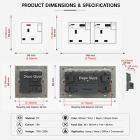 Prise murale USB industrielle universelle blanche 18W Type-C à charge rapide intelligente avec panneau en verre trempé et interrupteurs 1/2 voies 16A (norme UK)