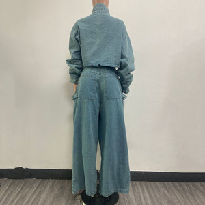 Women Plus Size Light Wash Denim Two Piece Set Cropped Zip Up Jacket High Waist Cargo Wide Leg Pants Streetwear - Product Image 5