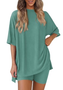 Conjunto de Pijama de Dos Piezas para Mujer, Talla Grande, Informal, Color Sólido, Suave, de Poliéster y Elastano, Estilo Relajado, Transpirable, para Primavera/Verano - Product Image 5