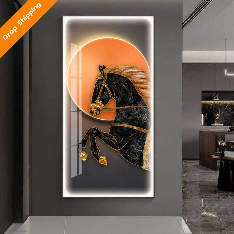 Modern minimalist animal horse art painting living room porch crystal porcelain home LED background wall