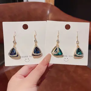 Trendy S925 Silver Needle Geometric Zircon Green Crystal Triangle Earring Plated Metal Beads Round Cz Circle Stud Earrings