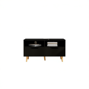 Meuble TV en bois d'ingénierie noir, design rectangulaire, style Mid-Century Modern, 2 tiroirs, 2 étagères, meuble de rangement pour salon - Product Image 1