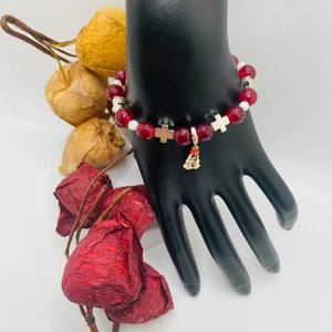 Bracelet extensible de prière en cornaline rouge de 8 mm avec pendentif croix de <span class=keywords><strong>Marie</strong></span> de Nazareth, cadeau de bijoux catholiques - Product Image 6