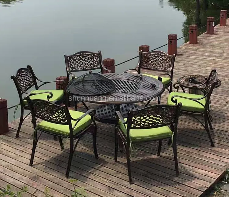 Mebel Aluminium Cor Teras Luar Ruangan Harga Bagus Set Peralatan Makan Semua Cuaca Meja BBQ Mosaik dengan Kursi Cor Aluminium