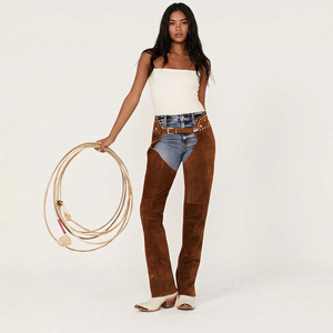 Cowgirl <b>Chaps</b> Horse <b>Riding</b> Full Brown Suede Leather Color <b>Chaps</b> with Studded for Women in Genuine Cow Leather - Product Image 1