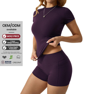 Ensemble <span class=keywords><strong>de</strong></span> vêtements <span class=keywords><strong>de</strong></span> sport assortis pour femmes à manches courtes, tissu à séchage rapide, t-shirt <span class=keywords><strong>de</strong></span> <span class=keywords><strong>yoga</strong></span>, taille mi-haute, tissu extensible à quatre sens - Product Image 1
