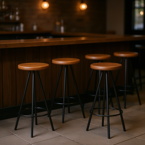 Ensemble de 4 tabourets de bar, siège en bois marron, structure en métal, design industriel, mobilier de bar moderne, usage commercial - Product Image 2