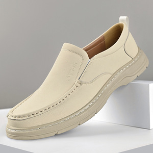 Mocasines Beige Caqui para Hombre, de Piel Suave, Tacón Bajo, Estilo Casual, Color Sólido, Suela Adhesiva, Estilo Juvenil - Product Image 1
