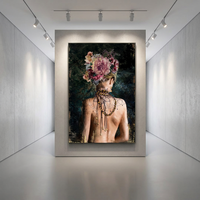 Peinture à l'huile moderne de portrait de femme à la mode avec coiffe florale, art mural sur toile fait main pour la décoration de salon de luxe