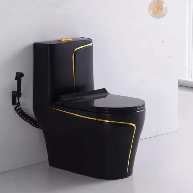 Inodoro negro y dorado con descarga mate s-trap color negro Oro Negro tocador de una pieza toilete Foshan