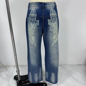 Jean baggy décontracté Y2K pour femme, imprimé grandes ailes, coupe large, en denim mélangé coton, délavage vintage, effet usé, vente en gros - Product Image 6