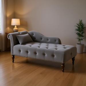 Chaise Longue Aijia 60.6 Pollici in Velluto Grigio con Bottoni Trapuntati, Finitura con Borchie, Gambe in Legno Massello, Design con Bracciolo Sinistro - Product Image 2