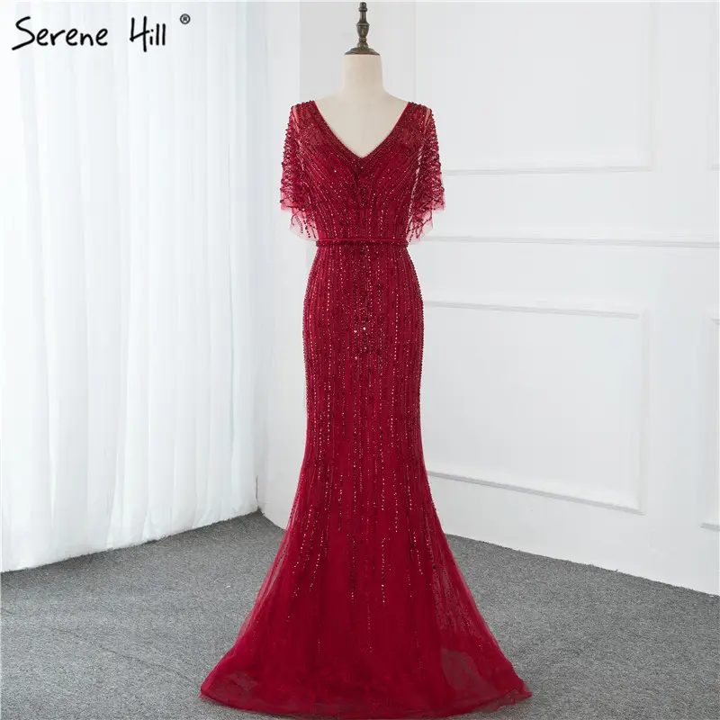 Sexy Red Crystal Beaded Mermaid Abendkleider 2021 Serene Hill LA70163 V-Ausschnitt Halbarm Lange Party kleider Für Frauen