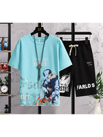 Ensemble T-shirt et short en pur coton imprimé, coupe ample et anti-rétrécissement, mode estivale
