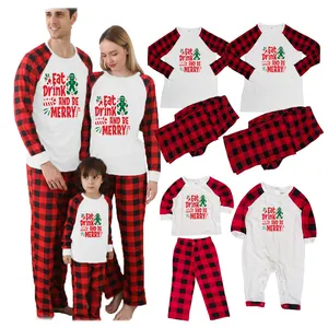 사용자 정의 크리스마스 잠옷 빈 흰색과 빨간색 격자 무늬 크리스마스 크리스마스 잠옷 pjs 세트 가족 일치하는 크리스마스 잠옷 가족