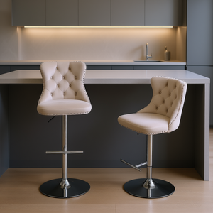Modern Tufted Beige Velvet Bar <b>Stools</b> <b>Adjustable</b> Height Chrome Base Set Of 2 - Product Image 2