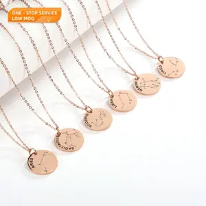 Fashion Gift Astrology Pendant Necklace PVD Gold Plated Twelve Zodiac Set with CZ Stone Stainless Steel Waterproof Jewelry