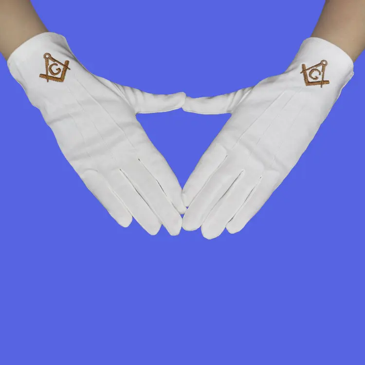 Low moq custom embroidered logo factory top quality masonic regalia white 100 cotton hand gloves for freemason