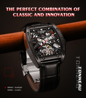 Montre mécanique automatique tendance, boîtier tonneau, cuir, étanche, fond transparent, cadran squelette, jeune et élégante