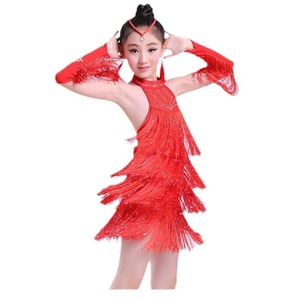 Traje de Baile Latino con Borlas para Niñas, Amarillo, Rojo, Azul, Rosa, Spandex, Ropa de Actuación, Práctica y Competencia - Product Image 5