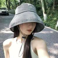 Sombrero de Pescador a Cuadros Blanco y Negro para Mujer, Estilo Coreano INS, Ala Ancha, Protección UV, Cubre Rostro, Sombrero para el Sol