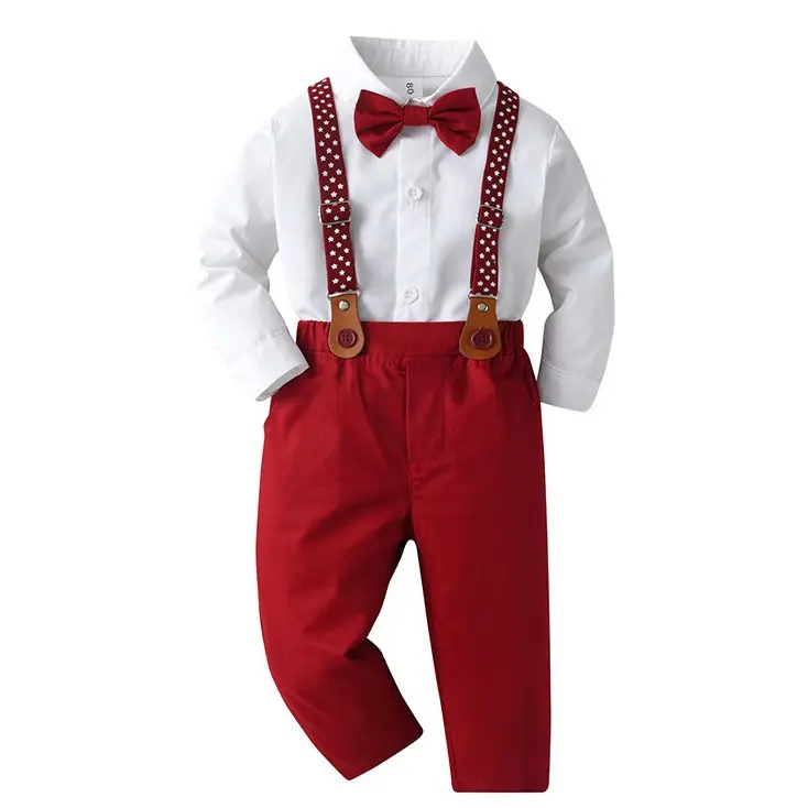 Baju model baru untuk bayi laki-laki, kemeja lengan panjang kerah Set celana panjang bertali Denim, pakaian jamuan makan anak-anak