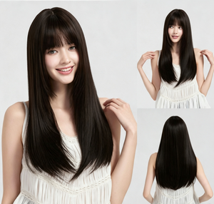 <b>Long</b> Straight Black <b>Wig</b> With Bangs Full Head Natural Everyday Style No Wake Up Required High Temperature Wire Hair Women's <b>Wig</b> - Product Image 4