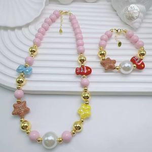 Ensemble de collier en perles dorées, bracelet à breloques en acrylique pastel, pendentif, bijoux, cadeau pour femmes - Product Image 2