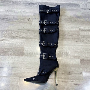 Women Belt Buckles Thigh High <b>Boots</b> Metal High Heels Denim Long Booties Sexy Punk Over Knee Stiletto Shoes - Product Image 6